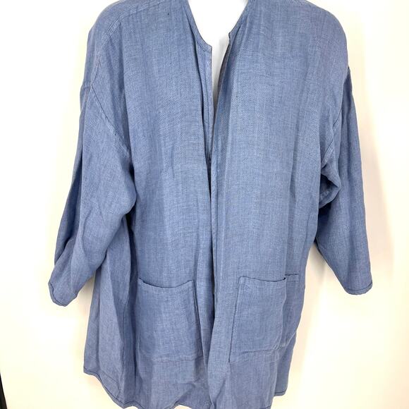 VTG Eileen Fisher Reversible Two Tone Blue Linen Open Front Jacket 2XL **READ** - Picture 2 of 8